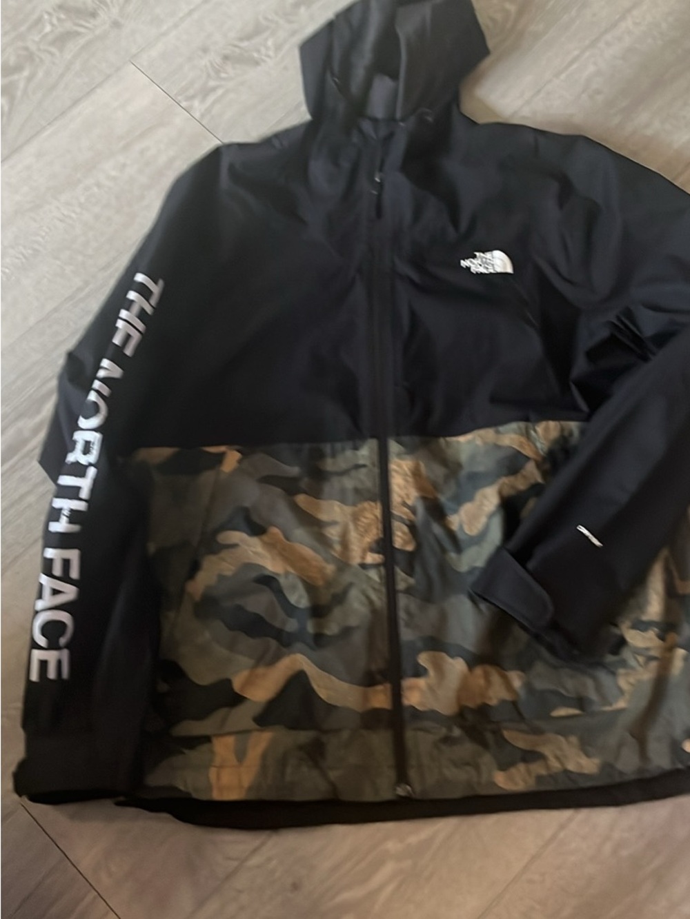 The North Face Black & Green Camo Hooded Rain Jacket